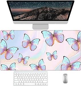 Butterfly Desk Pad Protector, Stitched Edges Mouse Pad, Large Office Mat, Non-Slip Blotter, Laptop Pad, Writing Pad for Office and Home (31.5" x 15.7")