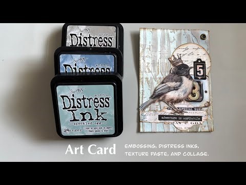 Mixed media art card using embossing, distress inks, texture paste, and collage items.