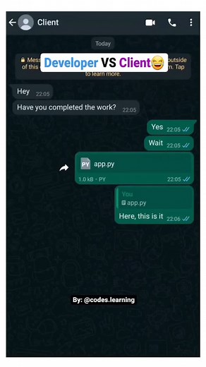 Sanskaar Singh R • AI Wizard on Instagram: "Developer VS Client  Follow @codes.learning for more. #backend #python #java #website #ai #Softwaredevelopment #datascience #frontend #webdev #programming #coding"
