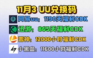 uu加速器11月3日，最新uu24小时口令兑换码，uu免费白嫖1190天 雷神12000小时 迅游856天！还有更多加速器月卡周卡，一人一份