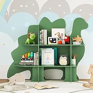 Curipeer Dinosaur Kids Bookshelf, 2-Tier Bookshelf for Kids, Baby Bookshelf and Toy Storage, Wooden Kids Bookcase, Toddler Book Shelf Organizer for Kids Rooms, Nursery, Bedroom, Playroom, Green