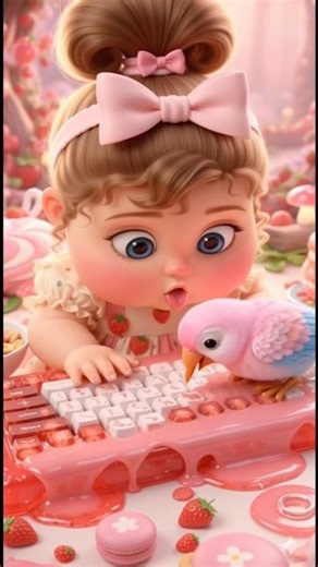 She has a bird. The bird is singing while the girl is happily typing on the keyboard 🫧😄