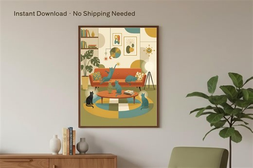 ミッドセンチュリーの猫アート - ヴィンテージスタイルの印刷可能な壁飾り - Etsy 日本