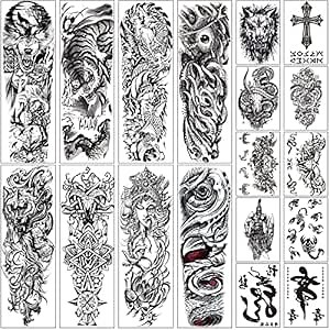 Aresvns Halloween Sleeve Tattoos Temporary for Men Women,Black Totem Temporary Tattoos,Looks Real Fake Tattoos,Wolf,Tiger,Devil's Eye for BBQ Pool Beach Party
