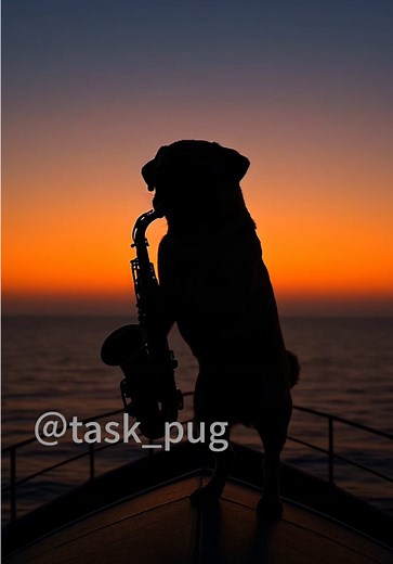 サックスで奏でる“My Heart Will Go On”のパグ