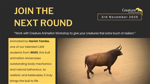🎬 New Workshop Starts 3rd Nov! Boost your creature animation skills with hands-on training, personalised feedback, and a supportive community. 💡 Perfect for levelling up your showreel and preparing for studio opportunities. 🚀 Limited spots available — secure yours today! 🎥 Animation by Harish Tambe in WS01 📝 Enroll here:https://www.creatureanimationworkshop.com/buy-now 📩 Email: creatureanimationworkshop@gmail.com #CreatureAnimation #AnimationWorkshop #AnimatorsJourney #RealisticAnimation #