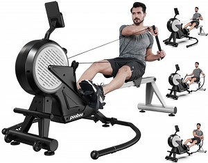 HASIMAN Dual Wind&Magnetic Rowing Machine 450lbs Weight Capacity Foldable Exercise Rower Full Motion Air Rower Machine with Built-In Bluetooth App for Home Cardio Workout