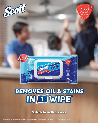 34K views · 2.6K reactions | Find cleaning the kitchen a hassle after cooking?  ALL-NEW Scott Kitchen Wet Wipes is here to your rescue! Made from unique grids & embossed texture, all it takes is just 1 WIPE to remove stubborn oil & stains. Experience the difference. Try it today. | Kleenex Malaysia | Facebook