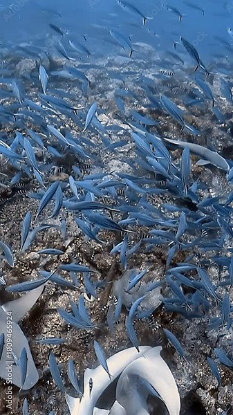 Witness exhilarating underwater feeding frenzy as sharks, stick fish, and colorful coral fish come alive in vibrant display of nature's beauty in Fiji's breathtaking marine paradise.