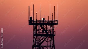A rotating beacon light, mounted on a tower at an airport, is shown in the evening, set against a vibrant dusk.