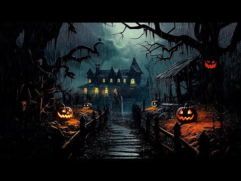 Haunted Mansion Halloween Ambience with Relaxing Heavy Rain & Thunderstorm Sound, Night Spooky Sound