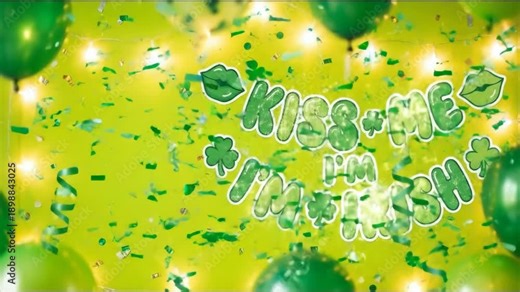 Kiss me i’m irish green lettering with falling confetti and balloons for Saint Patricks Day celebration video