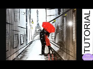 How to paint COUPLE RED UMBRELLA in PARIS. Lovers EIFFEL Tower Painting Tutorial Step by Step