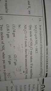 14. In an experiment of thermal dissociation of NH4​Cl NH4​Cl⇌N... | Filo