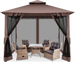COBIZI 10'x10' Outdoor Gazebo Canopy, Canopy Tent with Mosquito Netting,Screened Gazebo with Corner Shelf Stable Steel Frame Double Roof Tops, Shade Tent for Party, Backyard, Patio Lawn, Garden,Brown