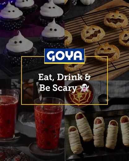 Celebrate Halloween with these frightfully tasty ideas: Ghost Cupcakes, Pumpkin Pastries, Bloody Punch, and Mummy Hot Dogs. Which one will you try first?🍂🎃👻 https://bit.ly/3LAHWwI | Goya Foods
