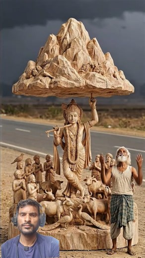 The craftsman made cows and Lord Krishna holding a mountain on his finger mini woods toys craft #ai