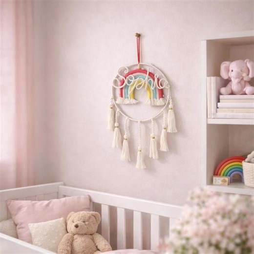Baby Name Signs,Custom Rainbow Nursery Decor, Personalized Name Dream Catcher, Baby Girl Gift, Boho Wall Hanging for Kids Room