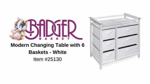 Badger Basket Modern Baby Changing Table - Diaper Station Organizer with 6 Storage Drawers, Reversible Baskets, Safety Rails - Baby Nursery Furniture with Changing Pad and Belt - White