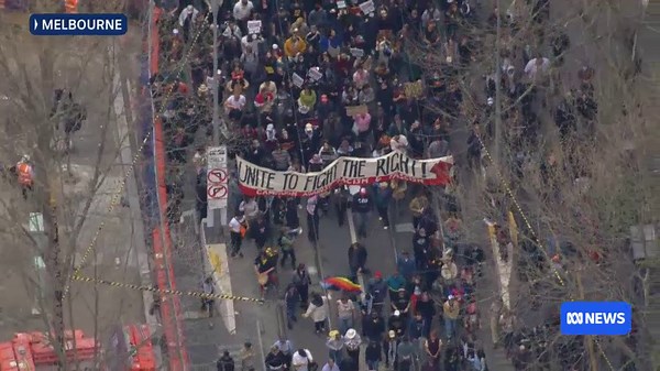 Aerial video shows protesters marching in Melbourne's CBD