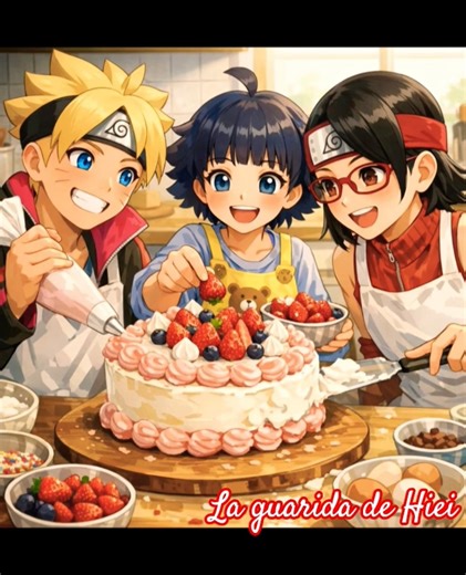 Boruto, Sarada, and Himawari bake a cake for Sakura and Hinata.