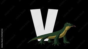 Letter V and Varanus (foreground) Animated animal alphabet. HD footage with alpha channel. Animal in a foreground of letter.