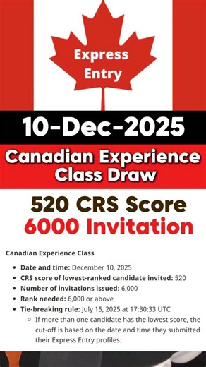 Tushar Goyal on Instagram: "Express Entry CEC-Draw 6000Invited, 520 CRS 10,Dec,2025🇨🇦 #expressentry #pnp #internationalstudents"