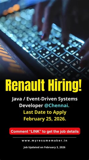 My Resume Maker on Instagram: "Renault Chennai hiring Java Developers | Event-Driven Systems | Apply before Feb 25, 2026 🏢 Company Renault Group (RNTBCI PL) 💼 Position Java / Event-Driven Systems Developer 📍 Location Chennai, Tamil Nadu 🕒 Employment Type Full Time 📅 Post Date Posted Today ⏳ Last Date to Apply February 25, 2026 🆔 Job Requisition ID JOBREQ_50237956 📝 Job Description Renault Group is hiring a skilled Java Developer to build and maintain high-performance, event-driven systems