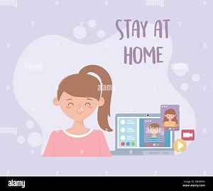 stay at home, girl in video call online meeting with laptop vector illustration Stock Vector Image & Art - Alamy