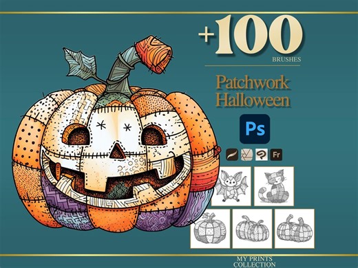 Halloween Patchwork Photoshop Brushes & Procreate Stamps – 100+ Fashion Quilt Texture, Tattoo, Digital Art, Clipart, Line Art, Stencil - Etsy
