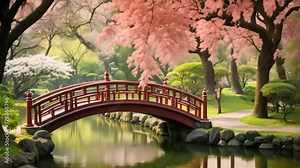 Experience tranquility and serenity as you traverse the picturesque red bridge over a small pond in this beautiful park, A tranquil Japanese garden with a Koi pond and red bridge, AI Generated