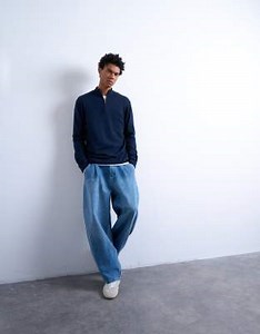 Topman essential knit 1/4 zip funnel neck sweater in navy | ASOS