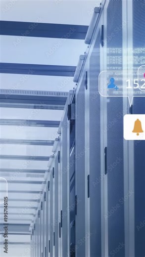 Vertical video: After two seconds server racks showing bubbles clustering and showing metrics