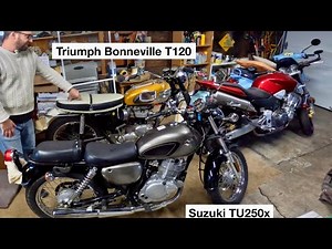 Triumph Bonneville T120 + Suzuki TU250x Garage Overview | Vintage 1964 Triumph Bonneville Motorcycle