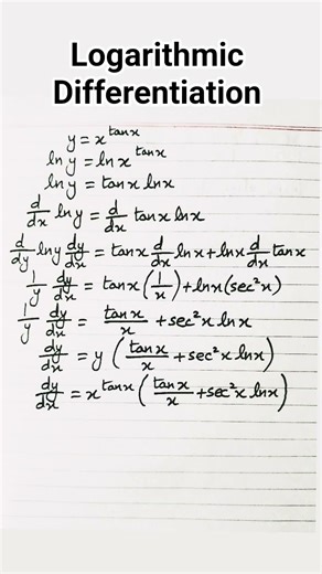 Derivative of x^(tan x) || Logarithmic Differentiation #shorts #maths #calculus #differentiation