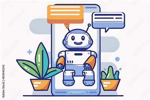 Chatbot on a smartphone screen, AI support message service talks to the user, artificial intelligence virtual assistant marketing automated technology, business cartoon