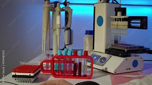 Young woman use Automated DNA Processor real-time PCR cycler. PCR robotic machine for molecular and genetic research laboratory Stock Video