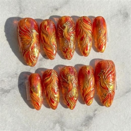 Hand-painted Phoenix Press on Nails, Red Gold Flame Nail Art - Etsy