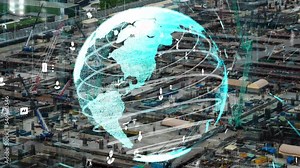 Construction technology concept with alteration graphic over construction site showing concept of automation and remote wireless machine control by using futuristic HUD in a computer software .