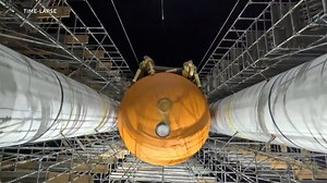 Space shuttle Endeavour, having covered nearly 123 million miles over its 19-year career, is now the world's first spacecraft displayed in launch position at the Samuel Oschin Air and Space Center in California. | CBS Evening News