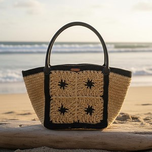 Bolsa de papel y hilo con motivo de color paja - Bolso de crochet beige con asas y forro de cuero - Etsy España