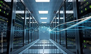 Inside the modern server room of a data center, digital information flows smoothly through illuminated network cables and powerful data servers behind transparent glass panels.