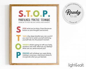 STOP Technique, Stress and Anxiety Relief, Mental Health Poster, Feelings Poster, Zones of Regulation, Therapist Office Decor, Calm Down - Etsy
