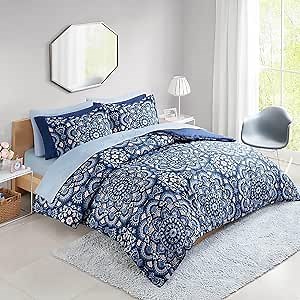 Comfort Spaces Girls Bed in A Bag Floral Comforter Set College Dorm Room Essentials, Complete Dormitory Bedroom Pack And Sheet with 2 Side Pocket Includes Extra Pillowcase Sets, Full, Medallion Blue