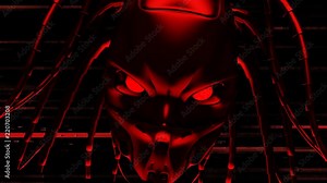 Flashing Cyborg Head VJ Loop The motion graphics video features a close-up view of a futuristic robot face with red eyes glowing and flashing light. Perfect to use in cyberpunk videos, industrial