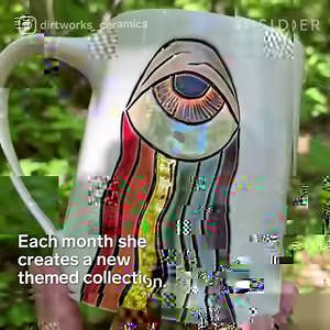 43K views · 239 reactions | Ahnalisa Reavis, the owner of Dirtworks Ceramics, specializes in creating magical ceramic mugs. The process includes throwing clay on a potter's wheel, firing it in a kiln, and glazing the piece. Ahnalisa uses liquid latex to mask portions of the mugs that she doesn't want the glaze to touch and peels it off before firing the piece for the second time. | Culture Insider | Facebook