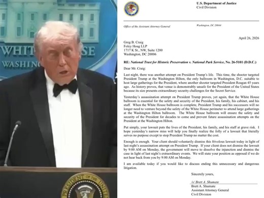 🚨 最新消息：在昨晚发生枪击事件后，川普政府的司法部（DOJ）向那些试图阻止白宫宴会厅项目的激进律师发出了一封措辞严厉的要求函“简单说，你们的诉讼让总统、他的家人以及工作人员的生命处于严重风险之中。我希望昨天那次险些酿成大祸的事件，能让你们终于意识到这场诉讼的荒谬——它毫无实际意义，唯一目的就是不惜一切代价阻止川普总统。够了。鉴于昨晚针对川普总统的刺杀企图，你们的委托人应当在今天主动撤回这项毫无根据的诉讼。如果你们的委托人在周一上午9点前不撤诉，政府将基于昨晚的特殊事件，申请解除禁令并驳回此案。如果我们在周一上午9点前没有收到回复，我们将视你们为反对方。”“昨天针对川普总统的刺杀企图再次证明，白宫宴会厅对于总统、其家人、内阁成员以及工作人员的安全至关重要。一旦白宫宴会厅建成，川普总统及其继任者将无需再离开白宫安全范围，前往华盛顿希尔顿酒店的宴会厅参加大型活动。”