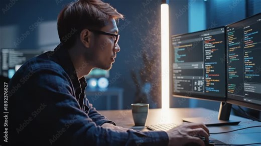 Programmer coding on computer monitor at night office. Developer writes code on screen with keyboard. Man programmer works late coding software. Developer types code in dark office workspace.