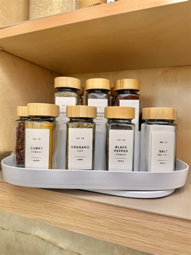 Amazon Spice Cabinet Organization! 🔗COMMENT “SPICE” to receive a DM. This two tier spice rack lazy Susan is perfect for cabinet or pantry without wasting any space. I love my new spice jars that the come with shaker insert and bamboo lid 🫙🤍 #amazonhome #amazonkitchen #spicecabinet #organizedkitchen #spicecabinet | Elnaz Hamai Home Hacks