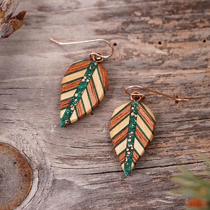 Malachite Inlay Wood Leaf Earrings: 14k Rose Gold Hooks - Etsy